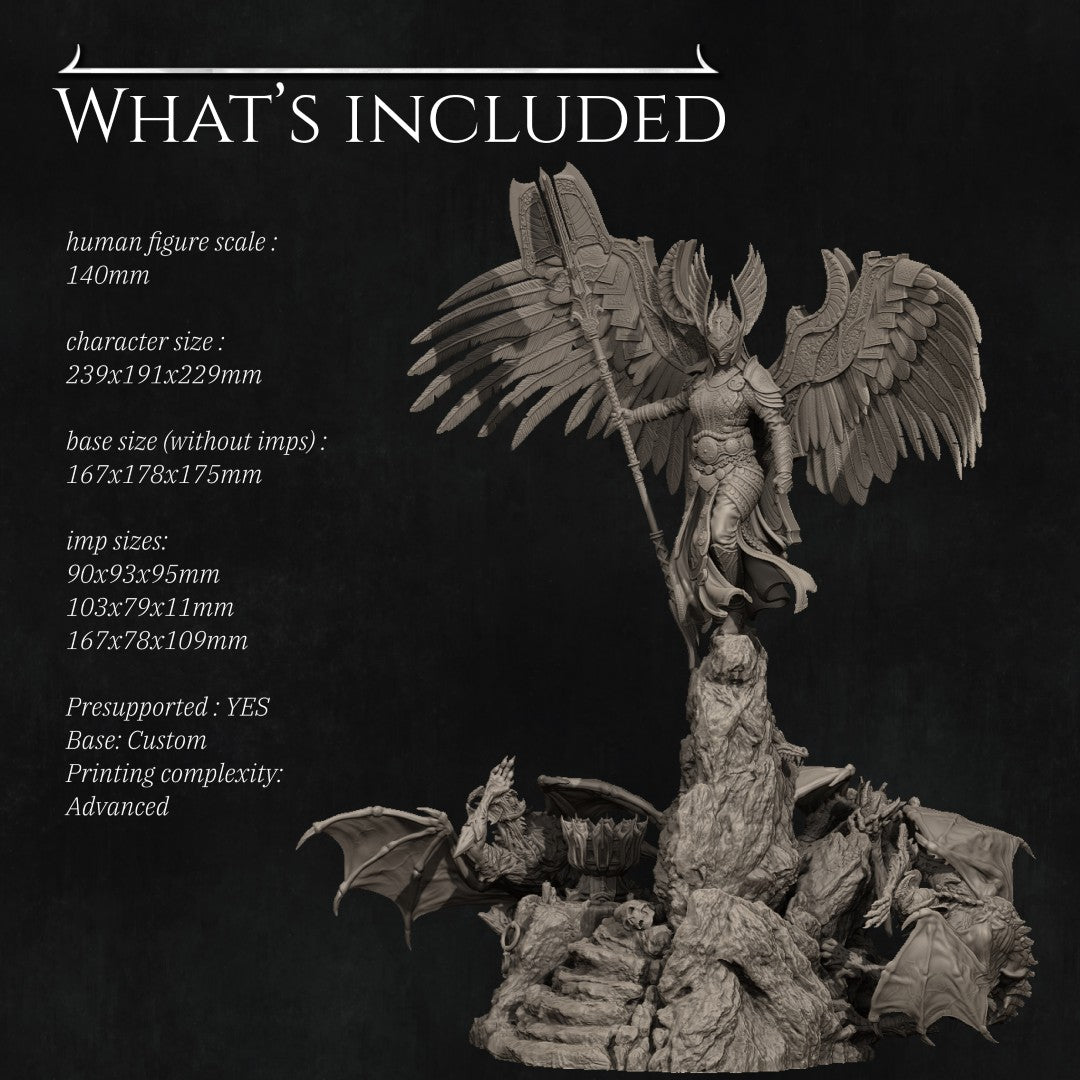 Diorama Revna the Angel of Salvation by Nerikson 3D printed in premium ABS-Like grey resin, unpainted miniature statue showing a female angel with wings holding a spear on a dragon scenic base.
