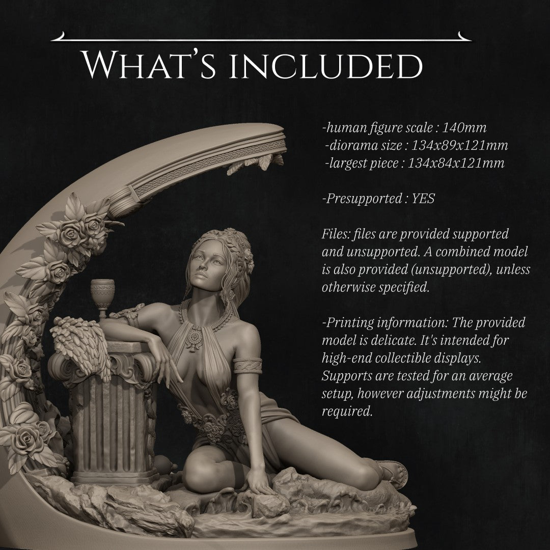 Unpainted summer goddess scale model by Nerikson leaning on a column, high-detail ABS-like resin 16K 3D print