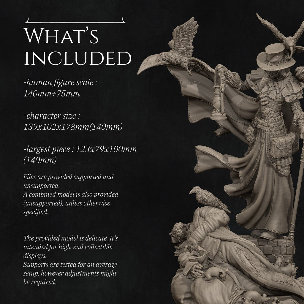 Plague Doctor miniature by Nerikson, 3D printed in ABS-Like resin, featuring a gothic character with a bird mask and glowing green lantern, surrounded by ravens and a fallen figure.