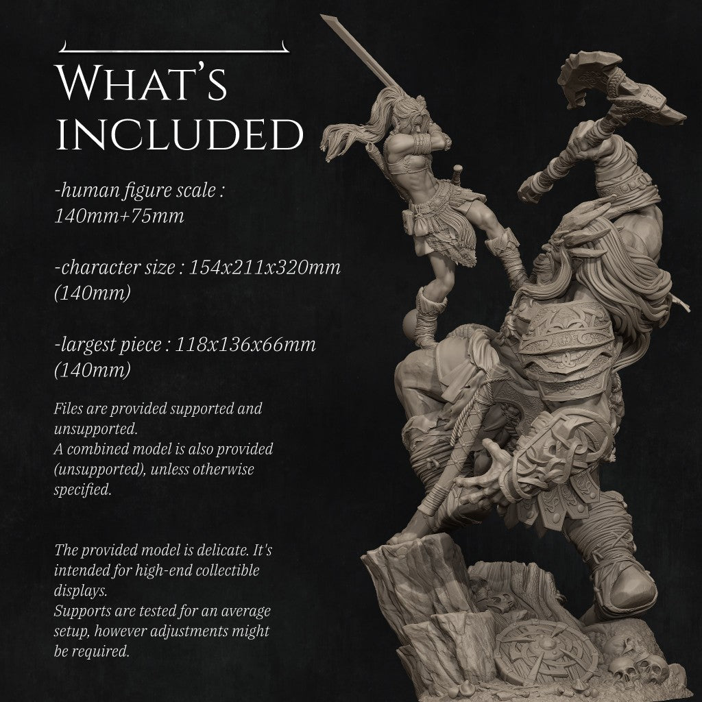 Lia vs the Giant resin miniature by Nerikson – 3D printed fantasy warrior sculpture in ABS-Like Resin, 75mm and 140mm scale, unpainted collector figure