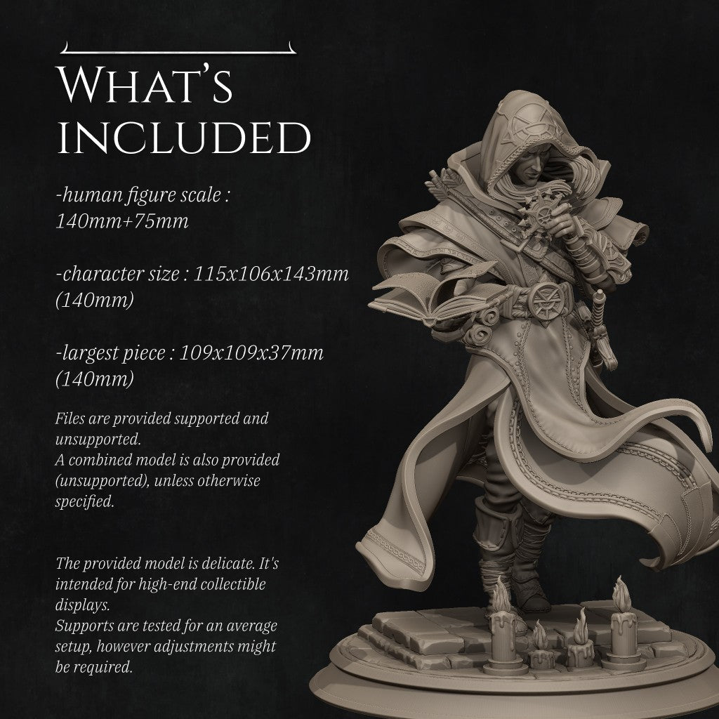 Elf Priest 3D printed resin miniature by Nerikson, showing a hooded elven cleric holding a holy sun symbol and an open tome, unpainted premium ABS-like resin