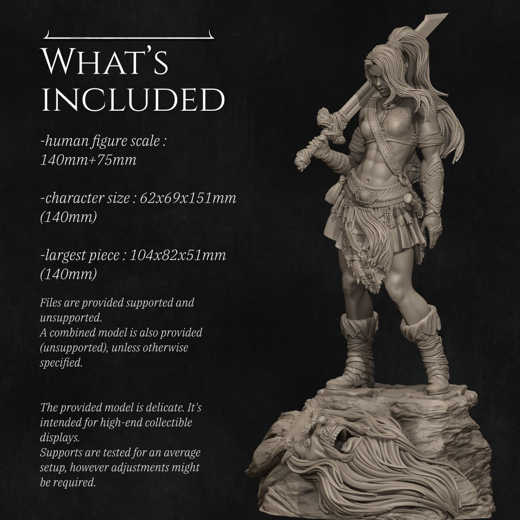Lia the Barbarian Mercenary fantasy miniature by Nerikson, 3D printed in ABS-Like premium resin, unpainted collectible figurine with fierce warrior character design