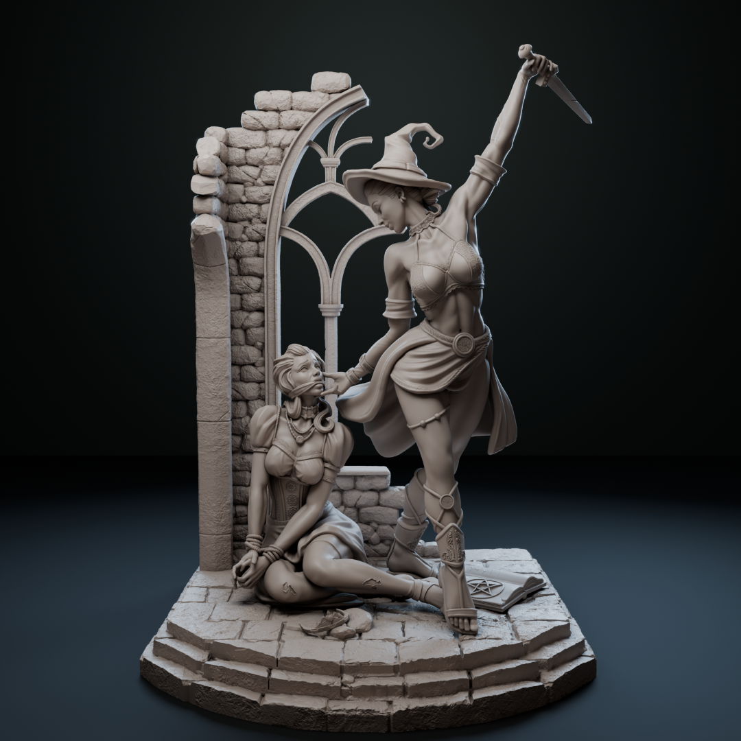 Ritual of Sacrifice figurine by Black Bird Miniatures, depicting a witch with a dagger above a bound maiden, 3D printed in ABS-Like Resin.