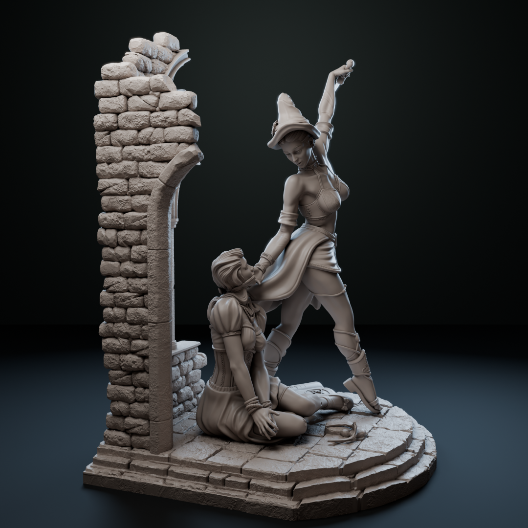 Ritual of Sacrifice figurine by Black Bird Miniatures, depicting a witch with a dagger above a bound maiden, 3D printed in ABS-Like Resin.