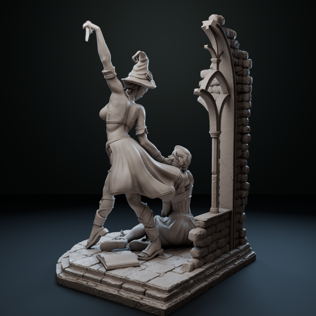 Ritual of Sacrifice figurine by Black Bird Miniatures, depicting a witch with a dagger above a bound maiden, 3D printed in ABS-Like Resin.