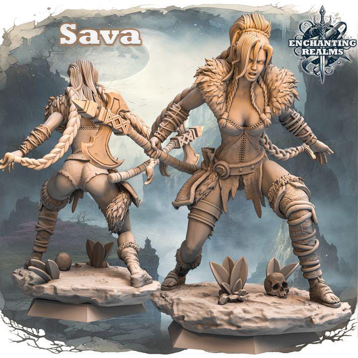 Sava – figurka barbarzynki fantasy 3D z serii Enchanting Realms, 180 mm, dynamiczna poza, widok z przodu
