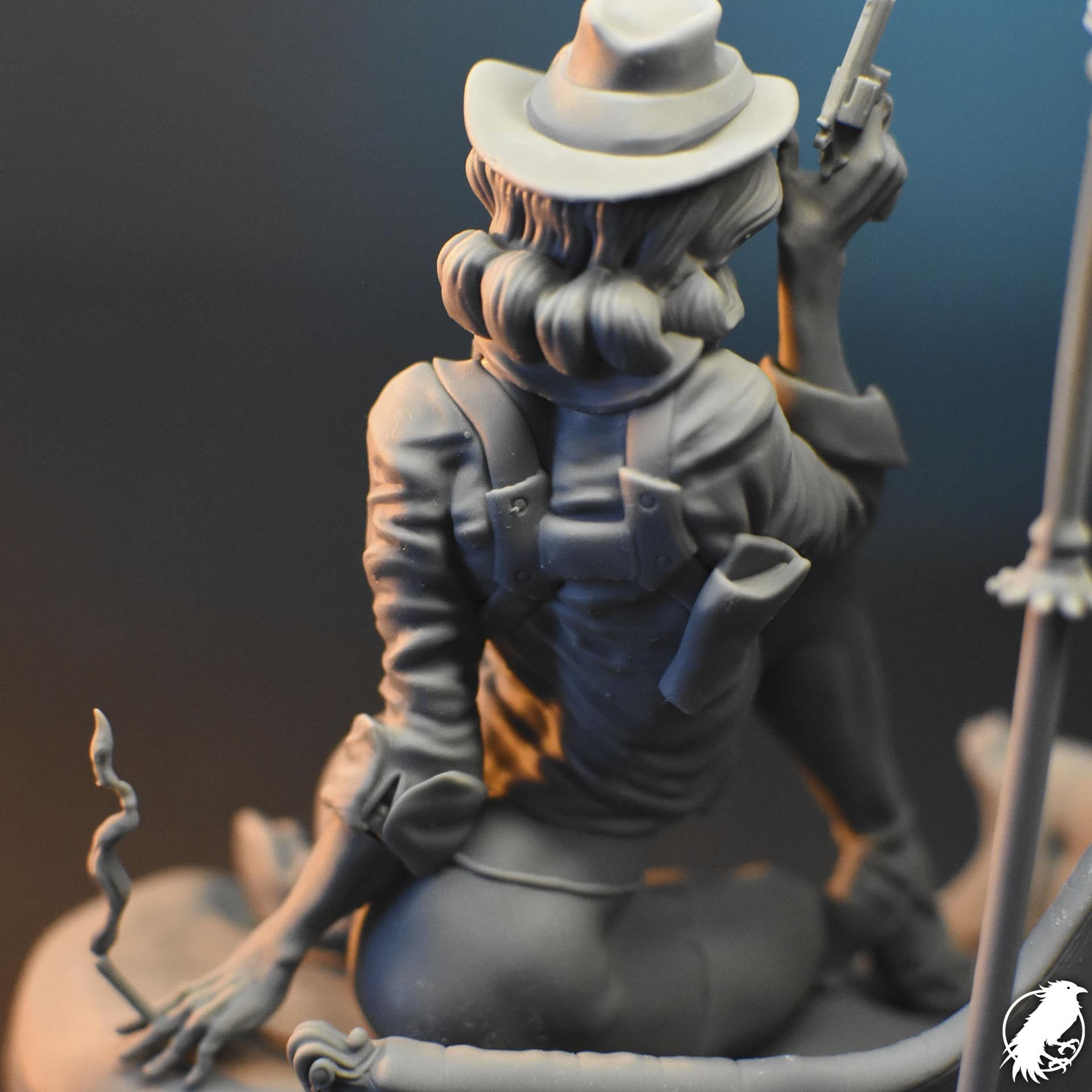 Detective Margaret "Maggie" Monroe resin pin-up figurine by Black Bird Miniatures, 3D printed for collectors and RPG, featuring a woman in a detective outfit holding a gun and cigarette on a leather chair.