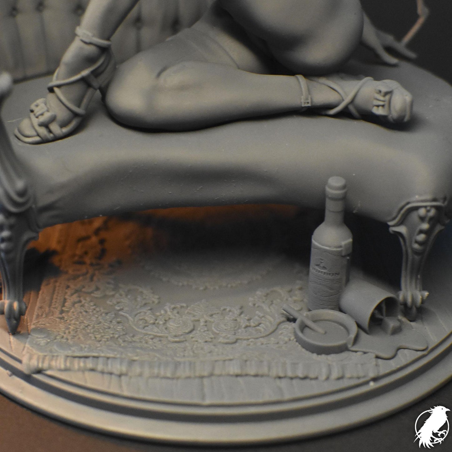 Detective Margaret "Maggie" Monroe resin pin-up figurine by Black Bird Miniatures, 3D printed for collectors and RPG, featuring a woman in a detective outfit holding a gun and cigarette on a leather chair.