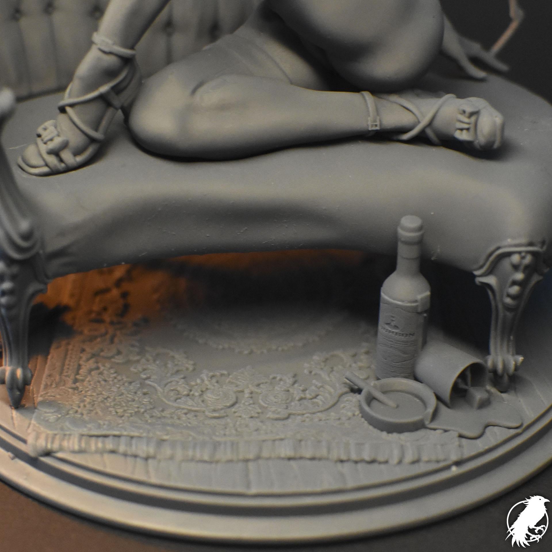 Detective Margaret "Maggie" Monroe resin pin-up figurine by Black Bird Miniatures, 3D printed for collectors and RPG, featuring a woman in a detective outfit holding a gun and cigarette on a leather chair.