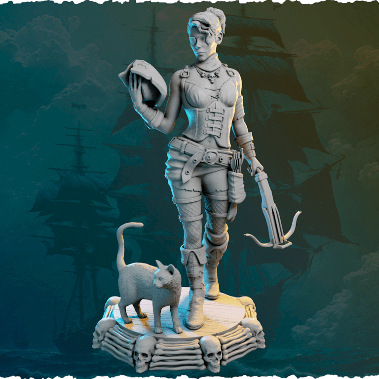 Piracka łowczyni z kuszą i kotem figurka fantasy od Black Bird Miniatures