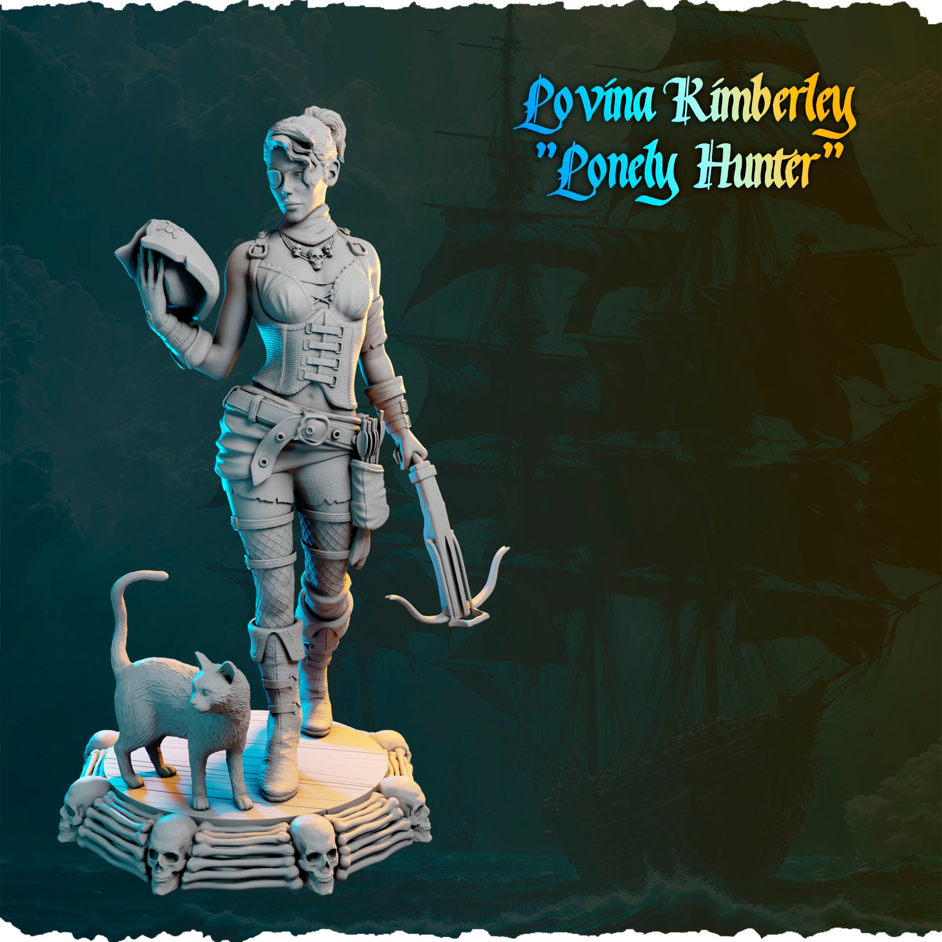 Piracka łowczyni z kuszą i kotem figurka fantasy od Black Bird Miniatures