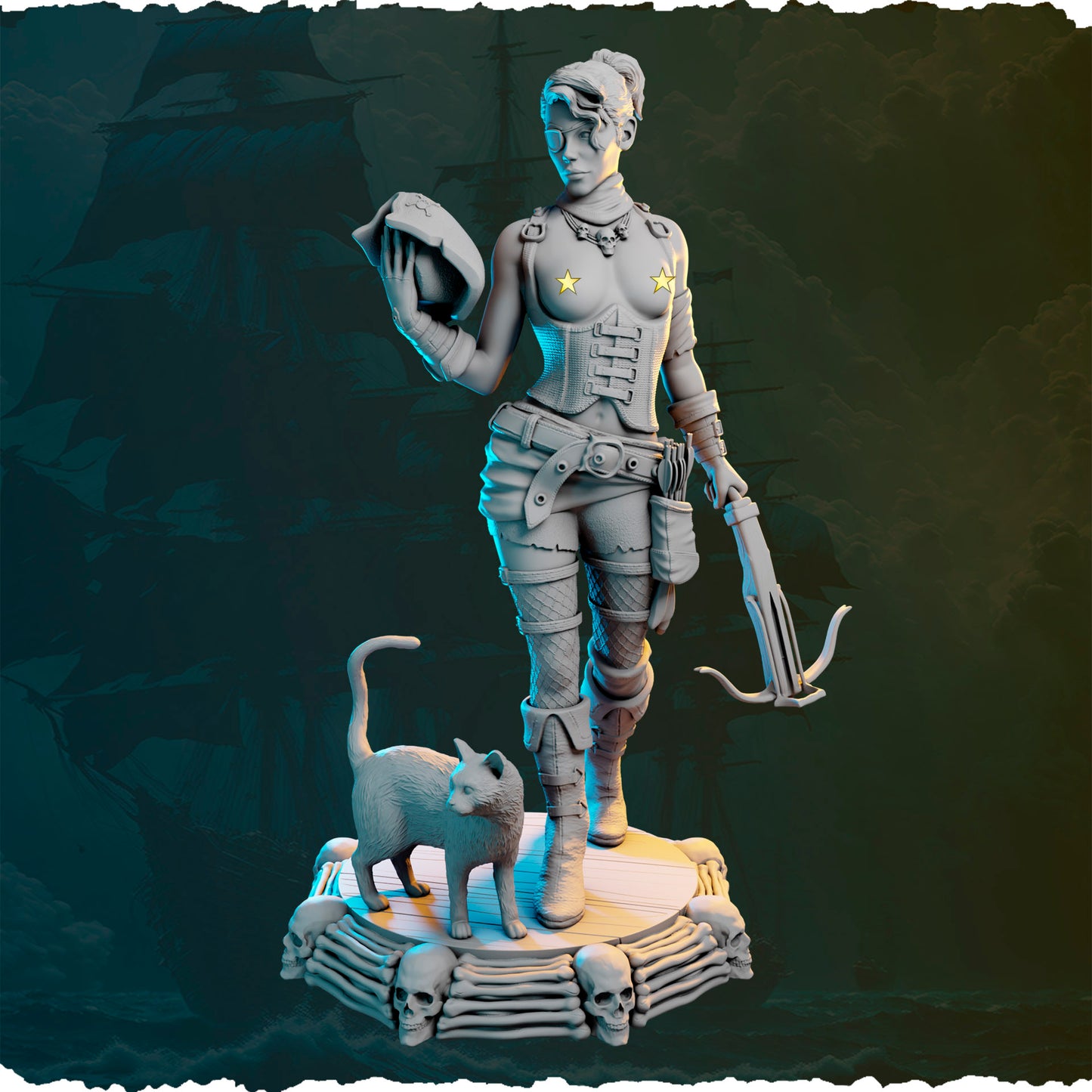 Piracka łowczyni z kuszą i kotem figurka fantasy od Black Bird Miniatures