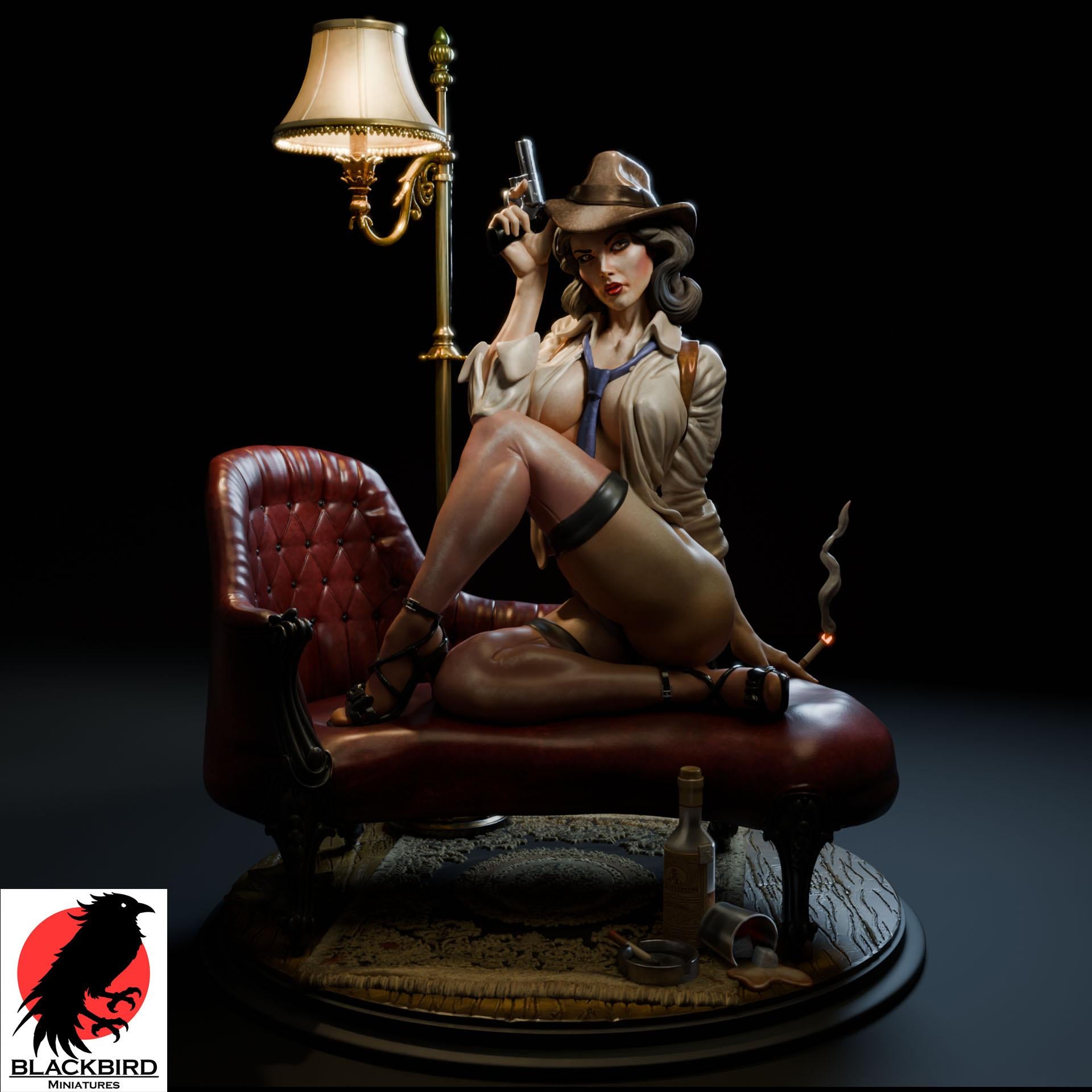 Detective Margaret "Maggie" Monroe resin pin-up figurine by Black Bird Miniatures, 3D printed for collectors and RPG, featuring a woman in a detective outfit holding a gun and cigarette on a leather chair.