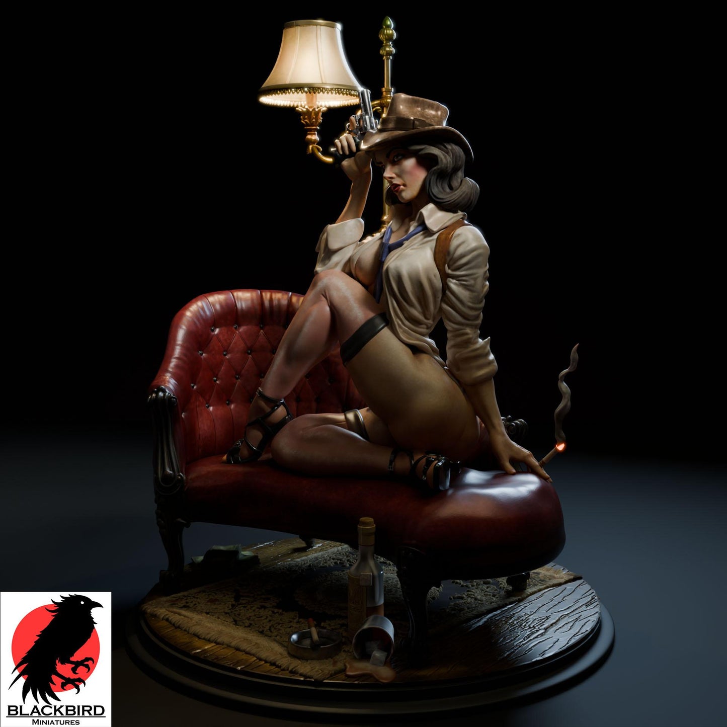 Detective Margaret "Maggie" Monroe resin pin-up figurine by Black Bird Miniatures, 3D printed for collectors and RPG, featuring a woman in a detective outfit holding a gun and cigarette on a leather chair.