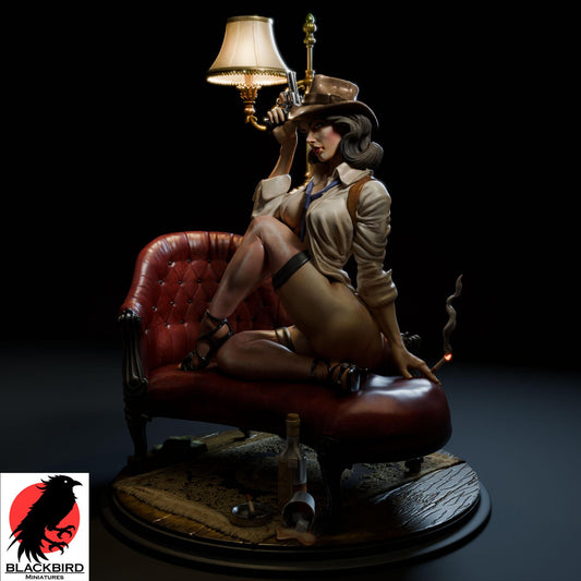 Detective Margaret "Maggie" Monroe resin pin-up figurine by Black Bird Miniatures, 3D printed for collectors and RPG, featuring a woman in a detective outfit holding a gun and cigarette on a leather chair.