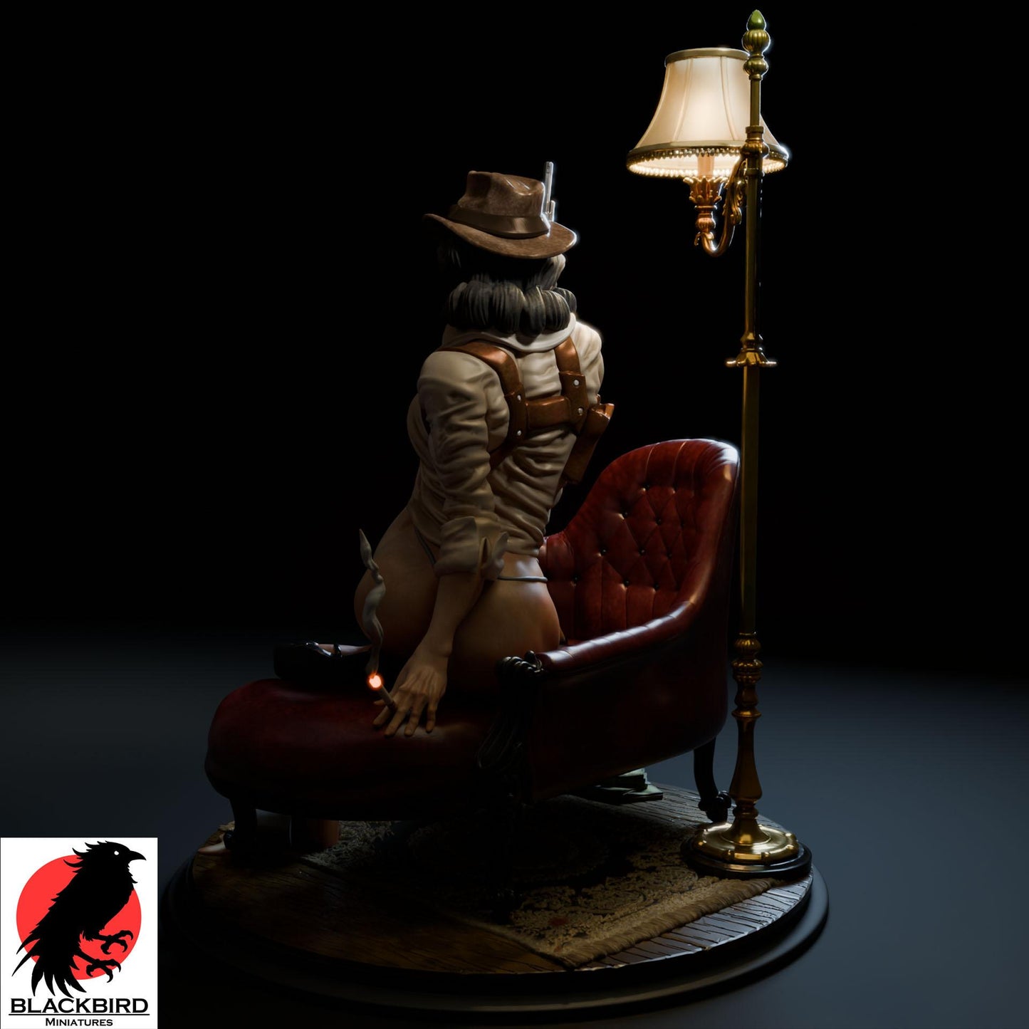 Detective Margaret "Maggie" Monroe resin pin-up figurine by Black Bird Miniatures, 3D printed for collectors and RPG, featuring a woman in a detective outfit holding a gun and cigarette on a leather chair.