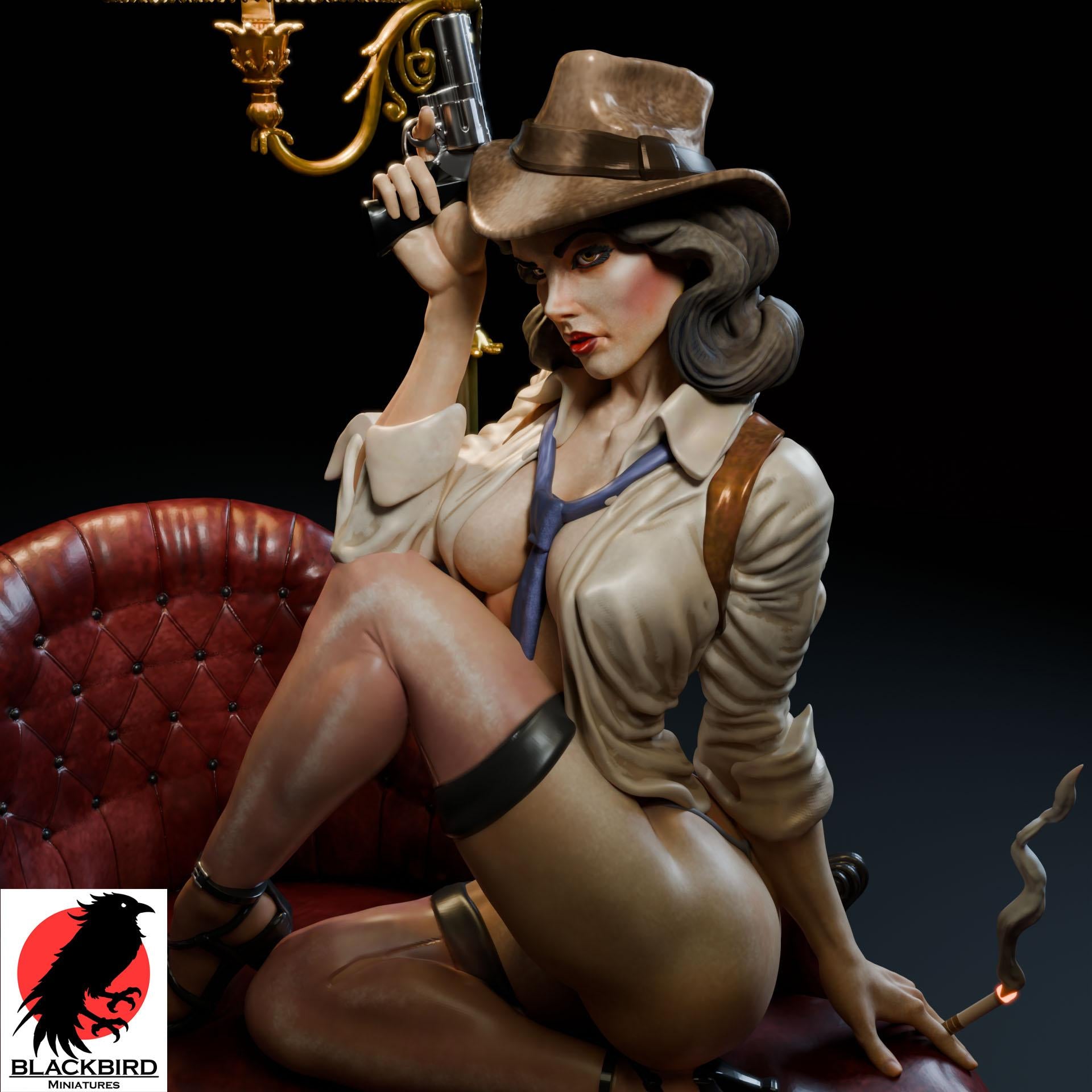 Detective Margaret "Maggie" Monroe resin pin-up figurine by Black Bird Miniatures, 3D printed for collectors and RPG, featuring a woman in a detective outfit holding a gun and cigarette on a leather chair.