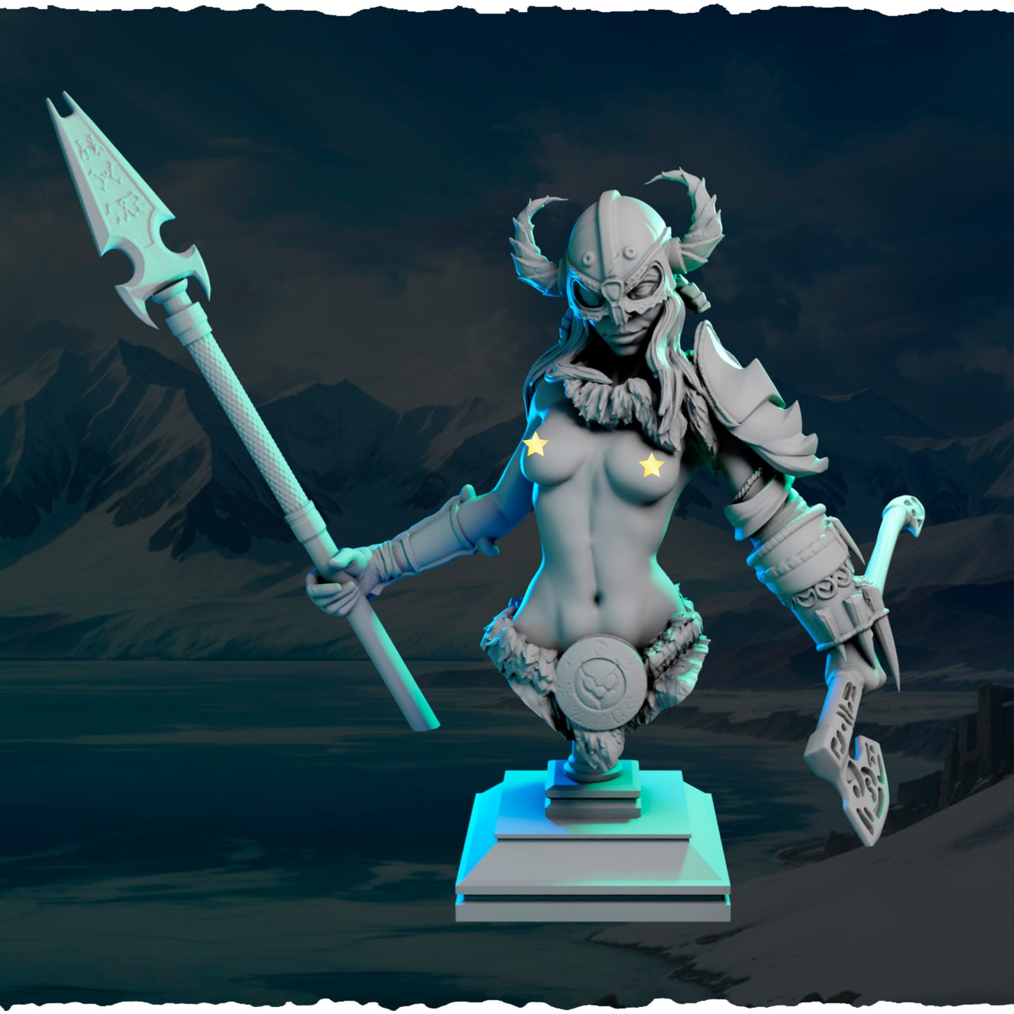 Północna Wojowniczka z Włócznią — figurka na kamiennej podstawce