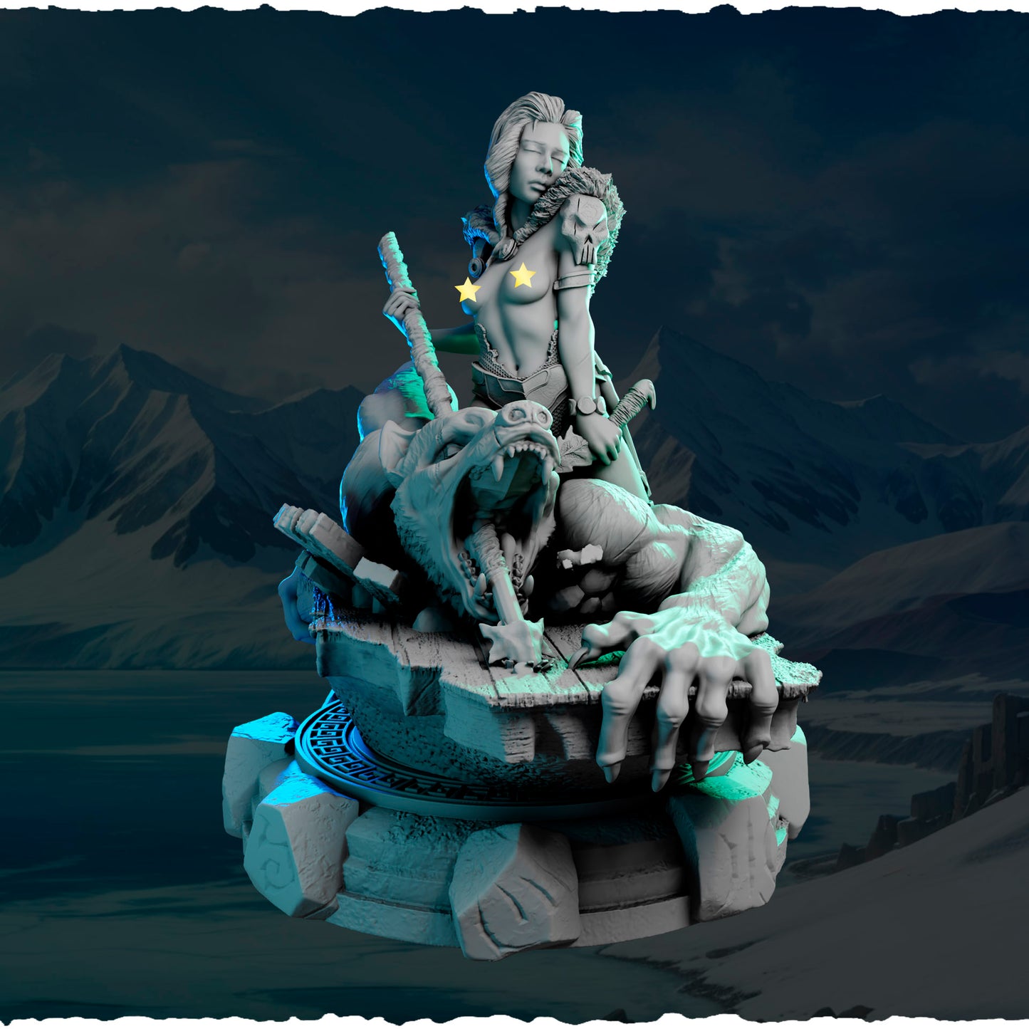 Północna Łowczyni z Bestią — widok z boku na podstawce z runami