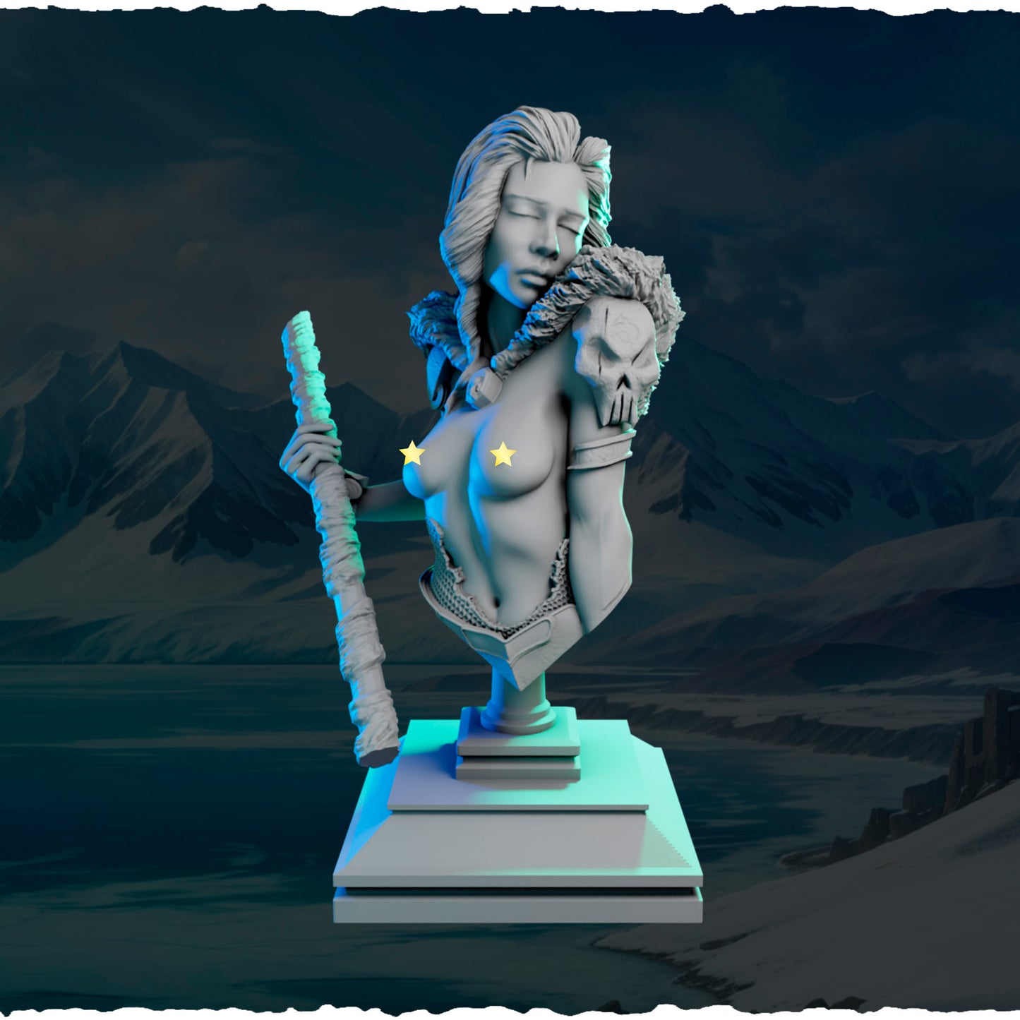 Północna Łowczyni z Bestią — widok z boku na podstawce z runami